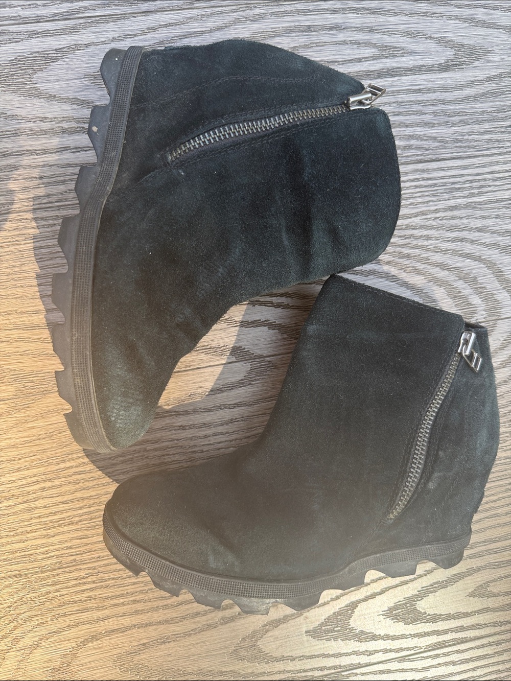 Sorel Black Suede Wedge Ankle Boots with Side Zippers